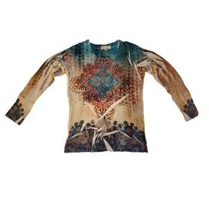 Decree multi colored floral jewel accent long sleeve t shirt sz L